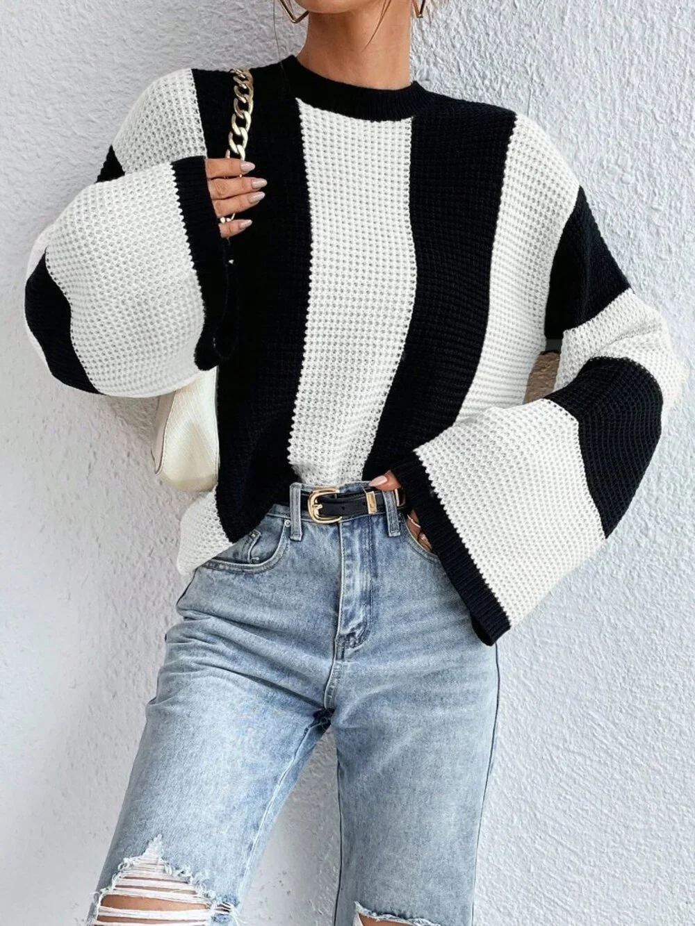 Black And White Casual Women's Color Block Striped Batwing Sleeve Loose Sweater